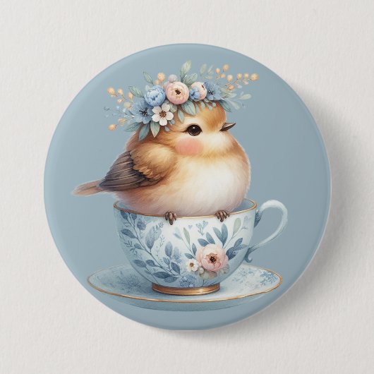 Niedlicher Blauer Vogel mit Blütenkrone im Teacup Button (Vorderseite)