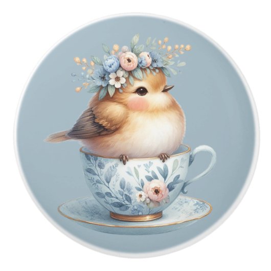 Niedlicher Blauer Vogel mit Blütenkrone im Teacup Keramikknauf (Vorderseite)