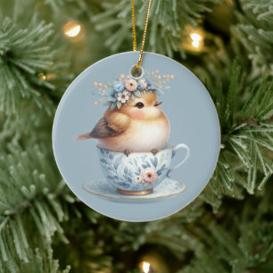 Niedlicher blauer Vogel mit floraler Krone in Teet Keramik Ornament