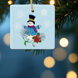 Niedlicher blauer Winter-Schneemann Poinsettie Wei Keramikornament