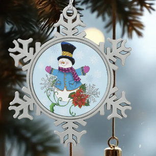 Niedlicher blauer Winter Schneemann Poinsettie Wei Schneeflocken Zinn-Ornament