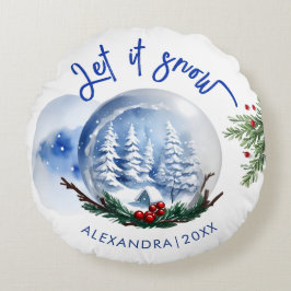 Niedlicher blauer Winterschneeglobe und Name Wasse Rundes Kissen