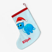 Niedlicher blaues Baby-Dinosaurier mit Kleiner Weihnachtsstrumpf (Rückseite (Hängend))