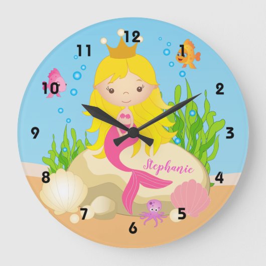 Niedlicher Blonde-Mermaid-Individuelle Name Große Wanduhr (Vorderseite)