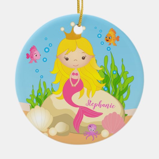 Niedlicher Blonde-Mermaid-Individuelle Name Keramik Ornament (Vorne)
