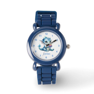 Niedlicher Blue Baby Dragon isst einen Cupcake Armbanduhr