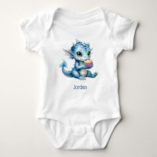 Niedlicher Blue Baby Dragon isst einen Cupcake Baby Strampler (Vorderseite)