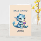 Niedlicher Blue Baby Dragon isst einen Cupcake Karte (Gelbe Blume)