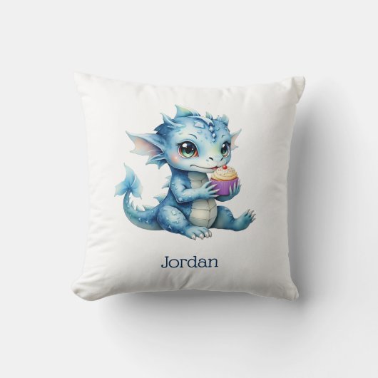 Niedlicher Blue Baby Dragon isst einen Cupcake Kissen (Vorderseite)