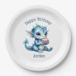 Niedlicher Blue Baby Dragon isst einen Cupcake Pappteller
