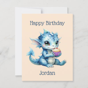 Niedlicher Blue Baby Dragon isst einen Cupcake Postkarte