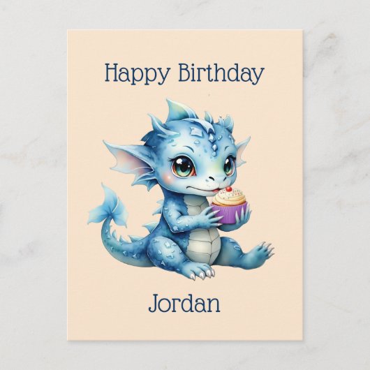 Niedlicher Blue Baby Dragon isst einen Cupcake Postkarte (Vorderseite)