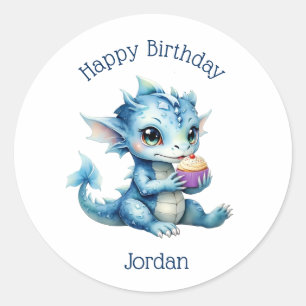 Niedlicher Blue Baby Dragon isst einen Cupcake Runder Aufkleber