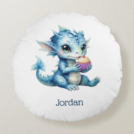 Niedlicher Blue Baby Dragon isst einen Cupcake Rundes Kissen