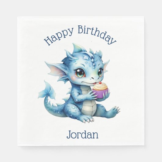 Niedlicher Blue Baby Dragon isst einen Cupcake Serviette (Vorderseite)
