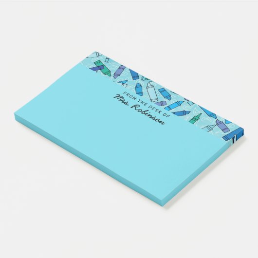 Niedlicher Blue Crayons Lehrer aus dem Schreibtisc Post-it Klebezettel (angewinkelt)