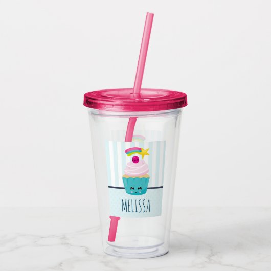 Niedlicher Blue Cupcake mit Kawaii Face Acryltrinkbecher (Rückseite)