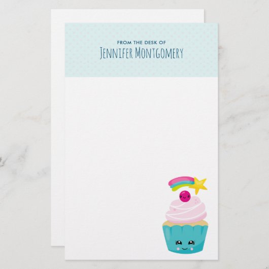 Niedlicher Blue Cupcake mit Kawaii Face Briefpapier (Vorne/Hinten)