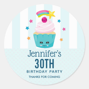 Niedlicher Blue Cupcake mit Kawaii Face Geburtstag Runder Aufkleber