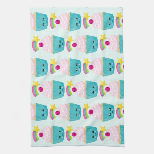 Niedlicher Blue Cupcake mit Kawaii Face Geschirrtuch (Vertikal)