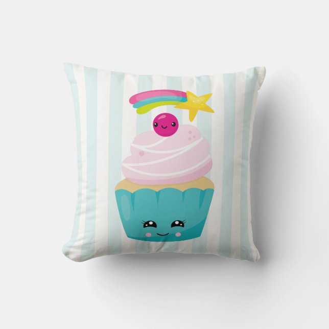 Niedlicher Blue Cupcake mit Kawaii Face Kissen (Vorderseite)