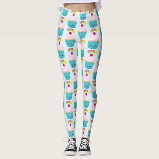 Niedlicher Blue Cupcake mit Kawaii Face Leggings (Vorderseite)