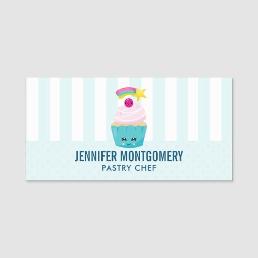 Niedlicher Blue Cupcake mit Kawaii Face Namensschild (Vorderseite)