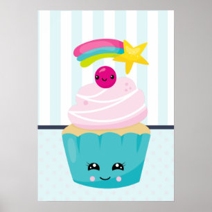 Niedlicher Blue Cupcake mit Kawaii Face Poster