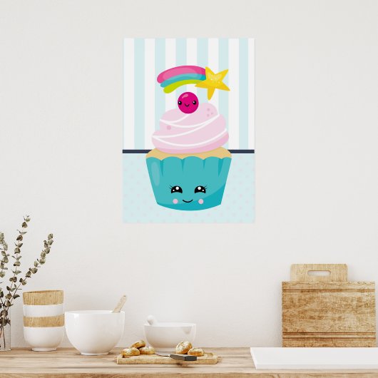 Niedlicher Blue Cupcake mit Kawaii Face Poster (Küche)