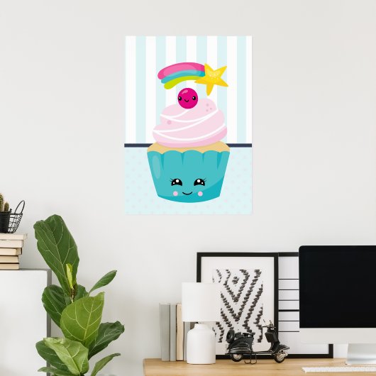 Niedlicher Blue Cupcake mit Kawaii Face Poster (Heimbüro)