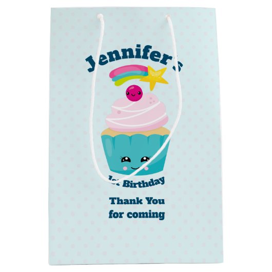 Niedlicher Blue Cupcake mit Kawaii Face Vielen Dan Mittlere Geschenktüte (Vorderseite)