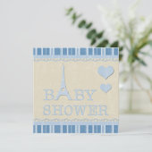 Niedlicher Blue Eiffel Tower und Hearts Baby Dusch Einladung (Stehend Vorderseite)