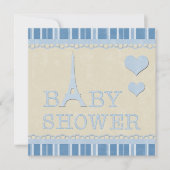 Niedlicher Blue Eiffel Tower und Hearts Baby Dusch Einladung (Vorderseite)