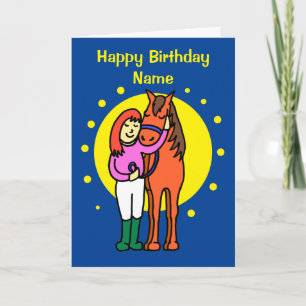 Niedlicher Blue Horse und Girl Cartoon Geburtstag Karte