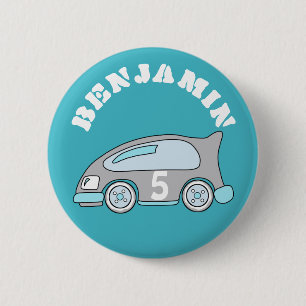 Niedlicher Blue Race Car Birthday Button mit Name