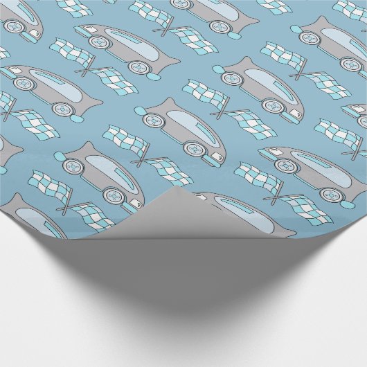 Niedlicher Blue Racing Car and Flag Pattern Boy Geschenkpapier (Ecke)