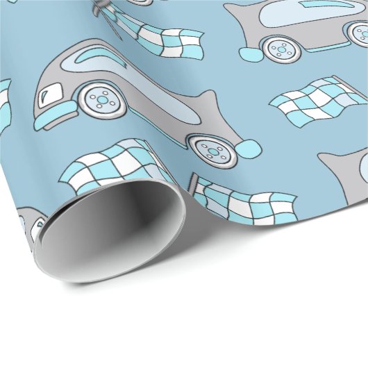 Niedlicher Blue Racing Car and Flag Pattern Boy Geschenkpapier (Rolleneckpunkt)