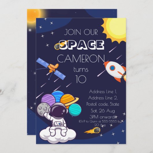 Niedlicher Blue Space Astronaut personalize Birthd Einladung (Vorne/Hinten)