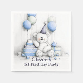 Niedlicher Blue Teddy Bear 1. Geburtstag Party Serviette