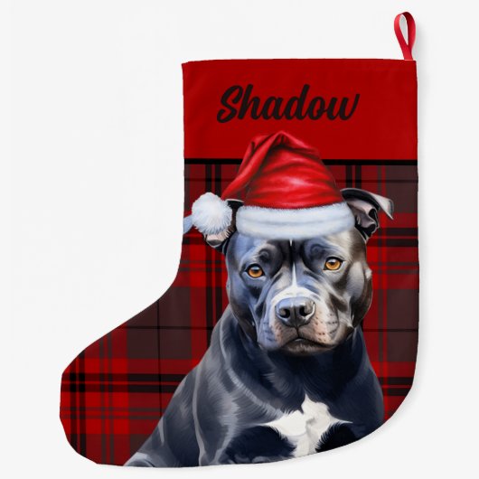Niedlicher Bluenose Pitbull Hund und Karierter Rot Großer Weihnachtsstrumpf (Rückseite)