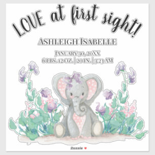Niedlicher Blumengarten Baby Elephant Girl Birth S Aufkleber