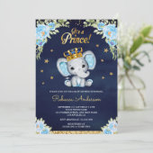 Niedlicher Blumenprinz Elephant Navy Blue Baby Dus Einladung (Stehend Vorderseite)