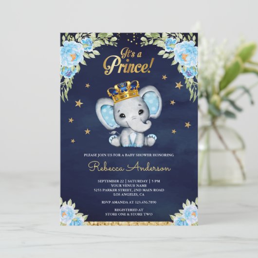Niedlicher Blumenprinz Elephant Navy Blue Baby Dus Einladung (Stehend Vorderseite)