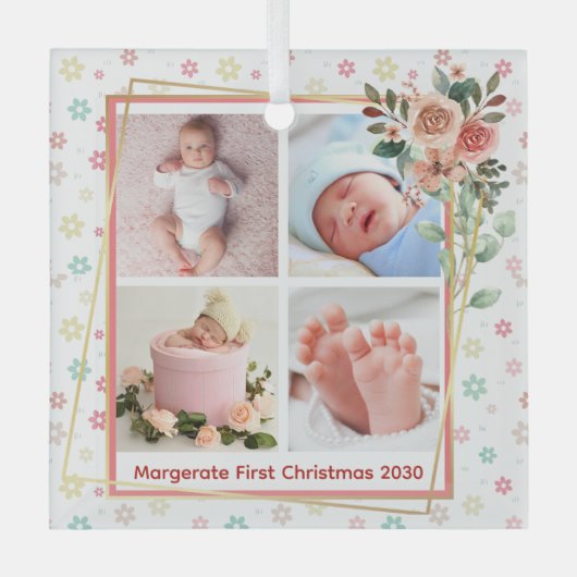 niedlicher Blumenrahmen New Baby Personalisiert 4 Ornament Aus Glas (Vorderseite)