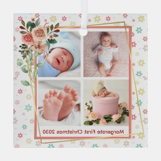 niedlicher Blumenrahmen New Baby Personalisiert 4 Ornament Aus Glas (Rückseite)
