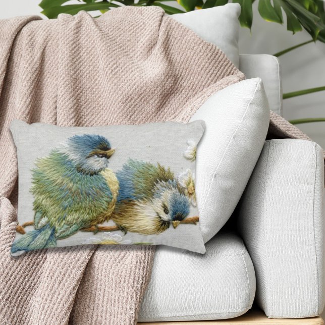 niedlicher, blumenreicher aquamariner Pfefferminzg Dekokissen (cute floral teal mint green embroidery bird accent pillow)