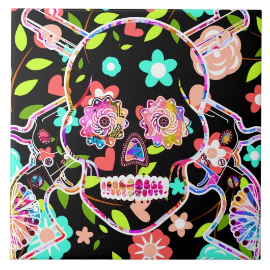 Niedlicher Blumenschädel Fliese (Vorderseite)