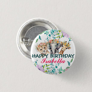 Niedlicher Blumenzoo-Dschungel Tiere Geburtstag Wi Button