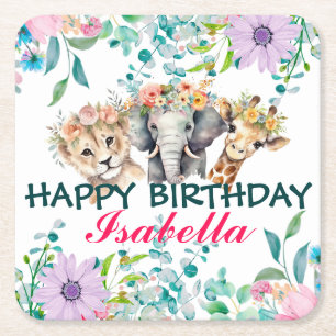 Niedlicher Blumenzoo-Dschungel Tiere Geburtstag Wi Rechteckiger Pappuntersetzer