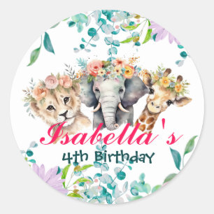 Niedlicher Blumenzoo-Dschungel Tiere Geburtstag Wi Runder Aufkleber